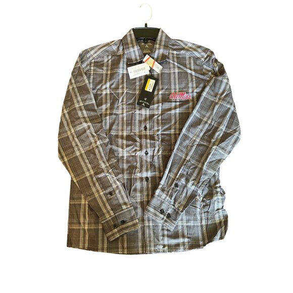 Antigua Mens Ole Miss College Gray Plaid Long Sleeve Shirt S New With Tags - Picture 1 of 4